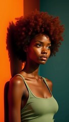 stunning African woman 3d rendered painting dark skin and natural rusty red curly Afro hairstyles green eyes  