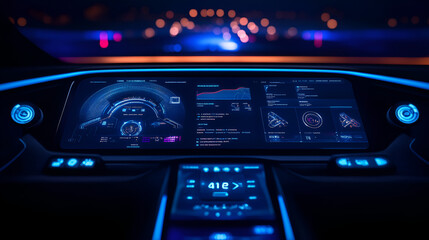 A futuristic car dashboard with glowing blue accents, sleek design, and high-tech interface, showcasing advanced features and controls, leaving copy space for automotive, tech, or innovation content.

