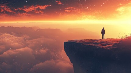 Fototapeta premium A man stands on the edge of a cliff, looking out over a sea of clouds as the sun sets.