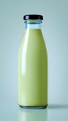 Glass Bottle with Light Green Liquid, Black Cap on Light Blue Background Studio Shot