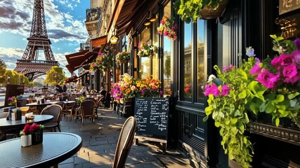 Charming Parisian cafe scene with vibrant flowers, Eiffel Tower backdrop, and lively atmosphere