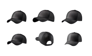 six different views of a black cap highlighting its design and structure the caps feature a sleek modern look suitable for various casual and sporty settings