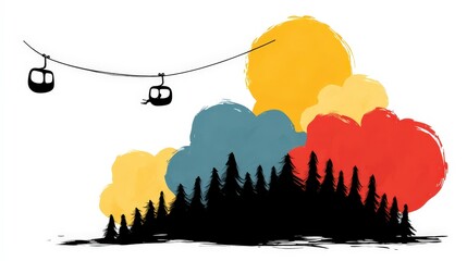 Naklejka premium Ski Lift Mountain Landscape Artistic Colorful Clouds Winter Nature Abstract Forest