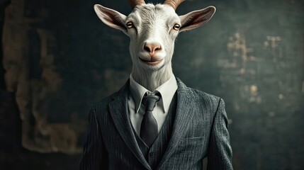 A goat dressed in a formal suit, standing handsomely with a wall background.