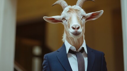 A handsome goat dressed in a neat suit, with a blurred background.