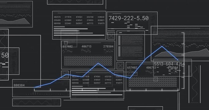 Blue line graph moving across dark analytics dashboard, with overlaid numeric panels and bar charts