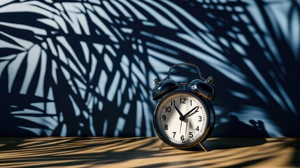 Dark alarm clock on a wooden surface with palm tree shadows.