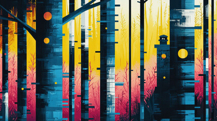 Obraz premium Vibrant digital landscape illustration of a futuristic forest featu stylized tall trees with glowing circular accents and colorful background with warm pink and yellow hues