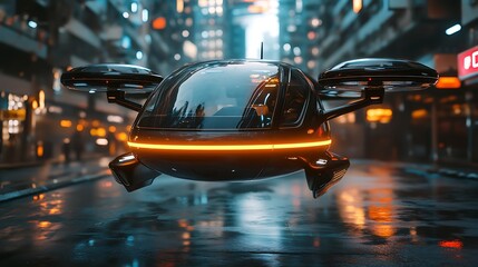 Futuristic flying car in a rain-slicked city street, urban transport, transportation of the future, high-speed travel, possible use stock photo, magazine cover