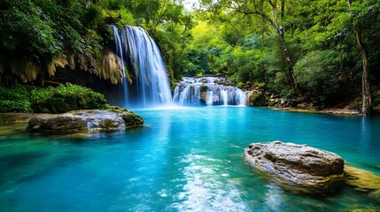 Serene Waterfall in Lush Tropical Forest -  Vibrant Nature Photogra.