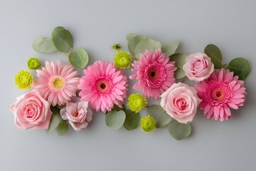 Obraz premium Pink Gerbera Daisies, Roses, Green Button Flowers, Eucalyptus on Grey Background