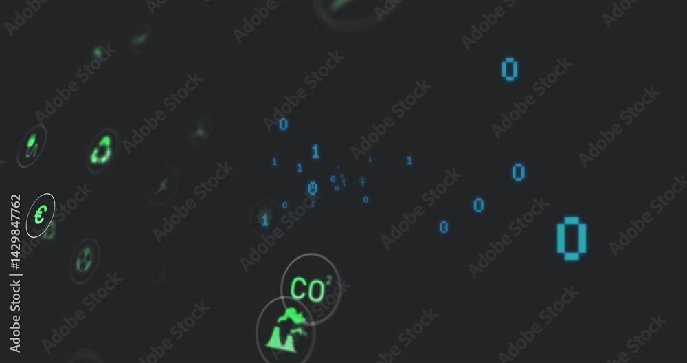 Poster floating binary code orbiting neon-green energy icons in dark interface, using flat design