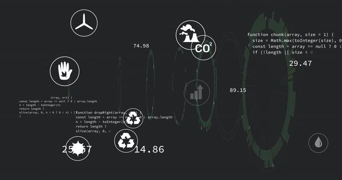 Green gear ring floating over dark dashboard scene, showing recycling icons, charts, code snippets