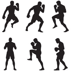 set of black boxer, kickboxing kick boxer boxing men, boxer throwing a punch silhouettes