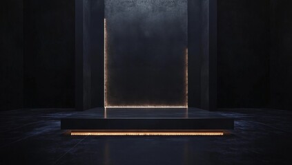 Dark, modern, elevated platform.  Empty stage for product display