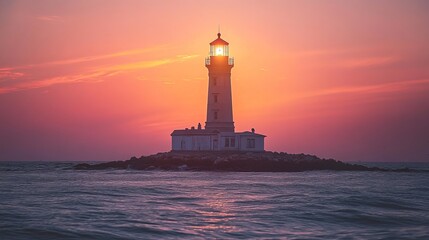 A lighthouse stands tall on a small island illuminated by the vibrant colors of the setting sun over the ocean