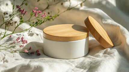 Elegant, white ceramic cosmetic container with light bamboo lids.