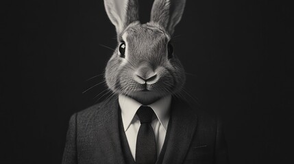 A rabbit dressed in a neat suit, in a black and white photo.