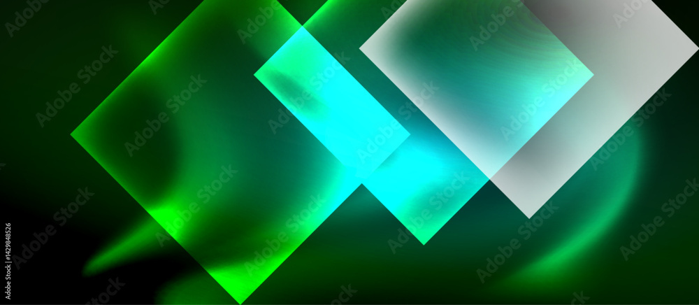 Poster abstract geometric composition. overlapping squares create vibrant gradients, blending green, teal, 
