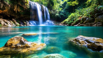 Naklejka premium Serene Waterfall in Lush Tropical Paradise - Tranquility