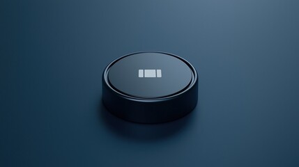 A sleek, round device with a simple battery symbol on a dark surface, suggesting a modern technological design or charging station.