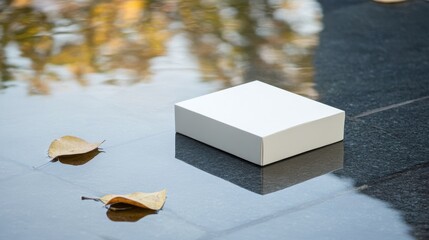 Reflective white rectangular box resting on tranquil water.