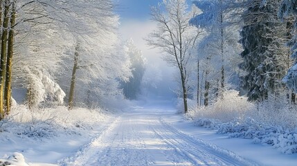 Obraz premium A snow covered road leading through a forest with trees covered in snow on a winter day landscape view