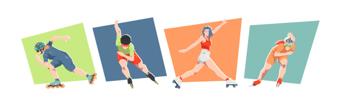 Roller skating female athlete characters. Concept of race, sport, freestyle. Cartoon flat vector illustration.