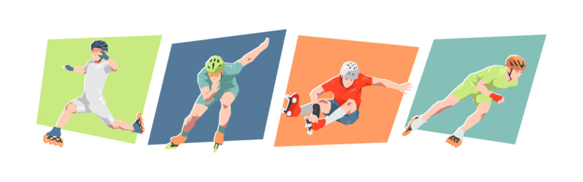 Roller skating male athlete characters. Concept of race, sport, freestyle. Cartoon flat vector illustration.