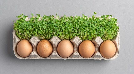 A creative arrangement of eggs paired with vibrant microgreens in an egg carton, showcasing a blend of food and nature.