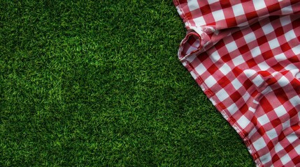 Red and white checkered picnic blanket on green grass.