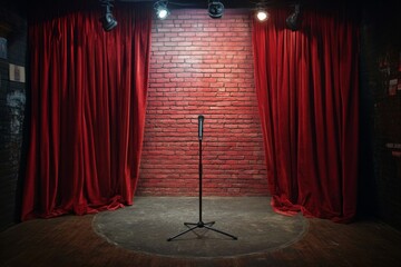 Empty stage with microphone, red velvet curtains and brick wall