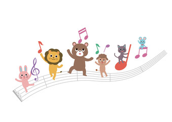 五線譜の上で音符と遊ぶかわいい動物たち