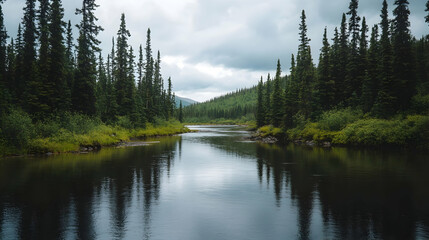 Obraz premium Tranquil river flow through a lush boreal forest under a cloudy sky