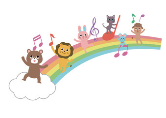虹の上で音符と遊ぶかわいい動物たち