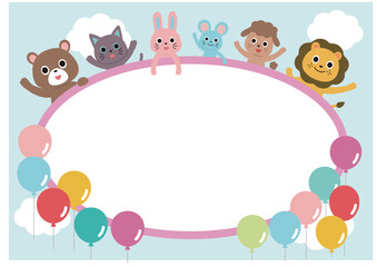 可愛い動物たちと風船と青空のフレーム　楕円横
