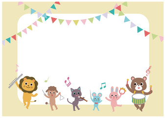Naklejka premium 動物たちの音楽会とガーランドのフレーム 横