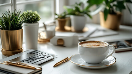Minimalistic workspace featuring a coffee cup, laptop, and a small green vase plant on a clean white surface, creating a modern, calm, and productive atmosphere perfect for office or home office setup