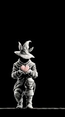 Obraz premium Dark Fantasy Wizard Kneeling Holding Heart Orb Monochrome Illustration