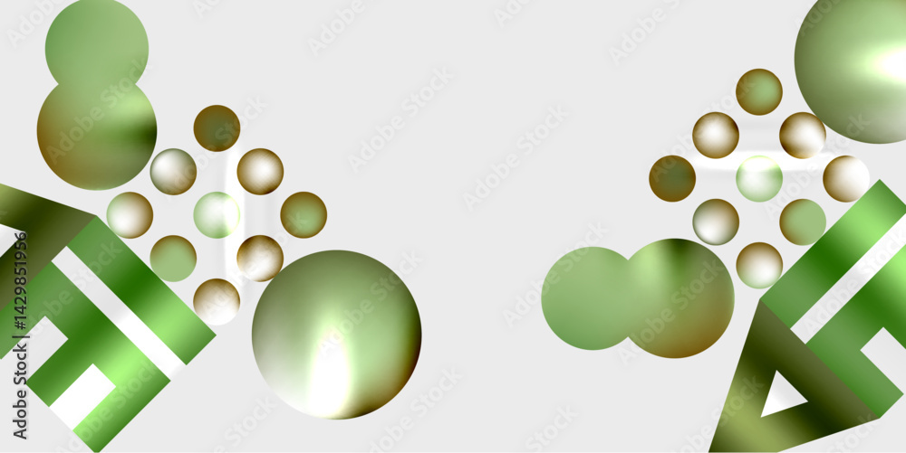 Poster abstract composition featuring green spheres, circles, lines. minimalist design with light backgroun