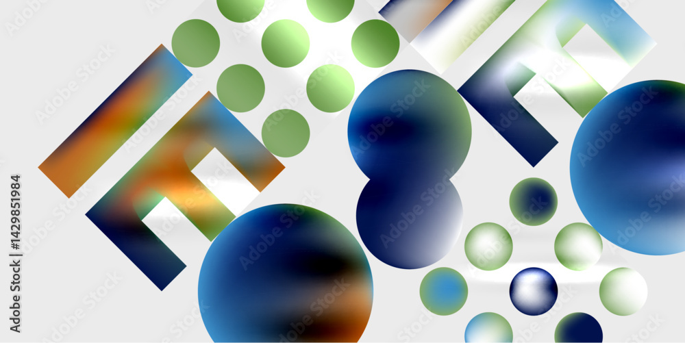 Poster Abstract composition featuring colorful spheres, rectangles. Gradient hues create modern visual effect. Minimalist design.