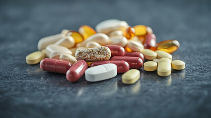 Assorted pills and capsules showcasing different colors and sizes on table