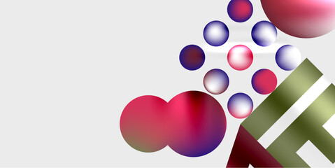 Abstract composition featuring spheres, rectangles. Colors include red, purple, blue, green. Minimalist design, clean aesthetic.