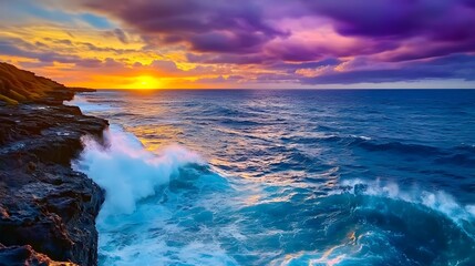 Obraz premium Vibrant Ocean Sunset, Dramatic Waves - Vibrant Colors