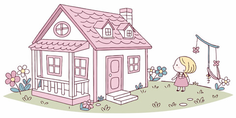 fairy tale princess in pink dreamy love , abstract house in white background vector illustration.