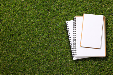 A paper notebook with a pencil on the grass.