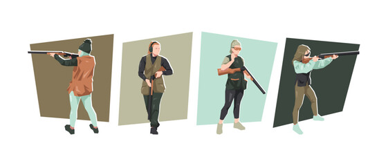 Shotgun shooting female athlete character set. Skeet shooting, clay target, hunting. Flat vector illustration. © Irkhamsterstock