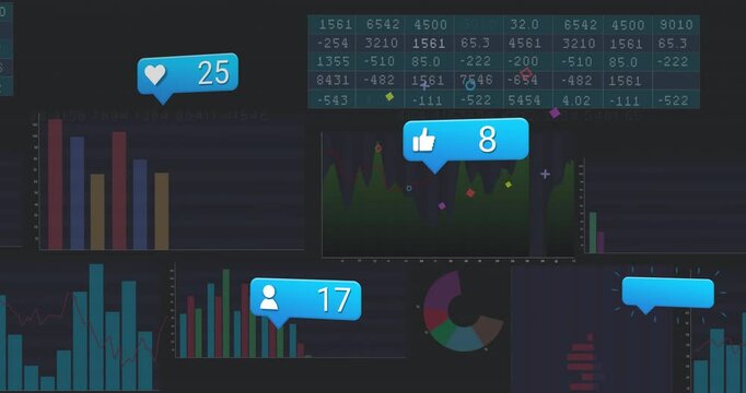 Dark-themed dashboard displaying data table, showcasing charts, social icons and floating shapes