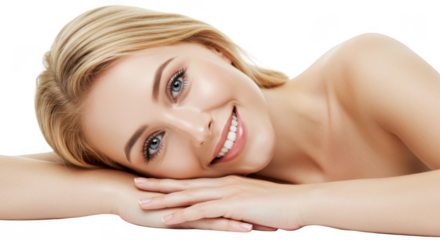 Smiling blonde woman lying down on hands on transparent background