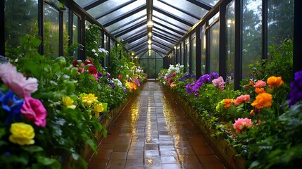 Rainy Day Greenhouse Flower Walkway - Nature photography